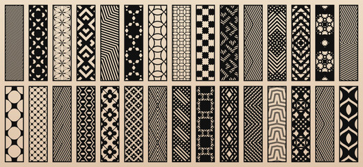 Big set of 30 vector templates for laser cut, plotter, CNC cutting. Elegant modern designs with abstract geometric patterns, oriental floral ornaments. Decorative panel stencils. Aspect ratio 1:4