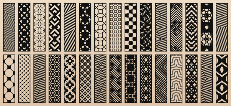 Big set of 30 vector templates for laser cut, plotter, CNC cutting. Elegant modern designs with abstract geometric patterns, oriental floral ornaments. Decorative panel stencils. Aspect ratio 1:4