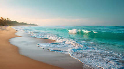 Serene coastal landscape featuring turquoise ocean waves gracefully reaching a sandy shore at sunrise