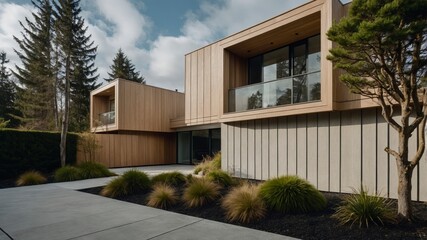 Stunning scandinavian-inspired modern luxury home facade showcasing clean lines and elegant design in a picturesque neighborhood setting