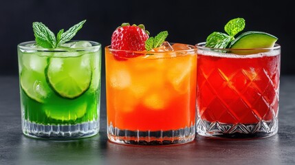 Fototapeta premium Colorful Drinks with Mint and Fruits in Stylish Glasses