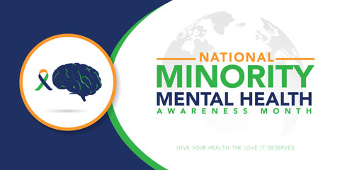 Minority Mental Health Awareness Month. Vector web banner for social media, poster, card, flyer. Text Minority Mental Health Awareness Month, July. Human head, a plant with leaves on white background.