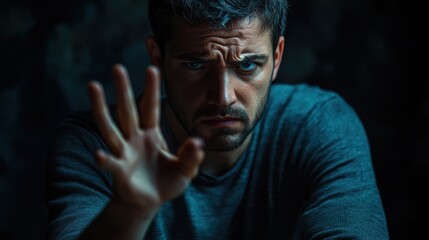 Serious caucasian male with raised hand in dark setting