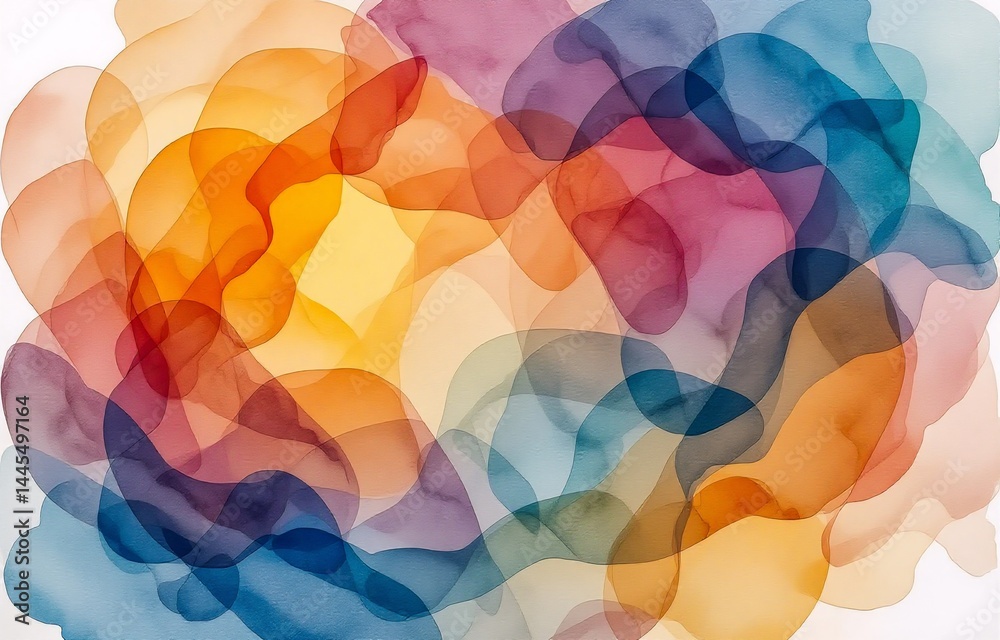 Poster An abstract artwork featuring overlapping, translucent shapes in a vibrant array of warm and cool colors.  The forms create a sense of depth and movement.