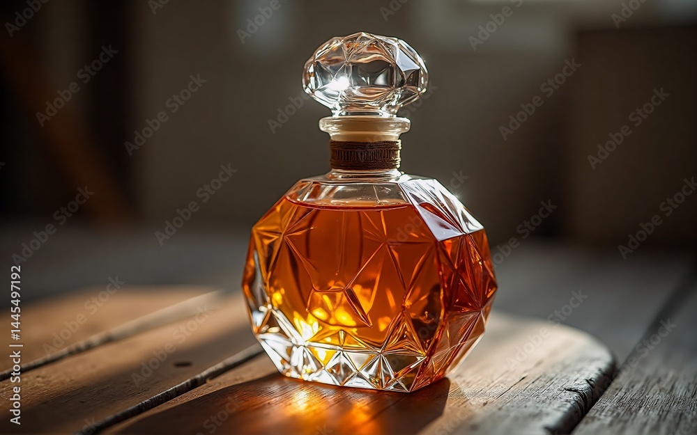 Poster a crystal decanter of amber liquid sits on a rustic wooden surface, bathed in warm sunlight. the fac