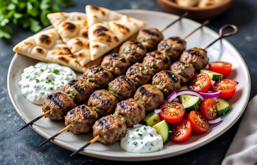 Grilled meatball skewers served with tzatziki sauce, pita bread, and a fresh tomato and cucumber salad. A delicious and healthy Mediterranean-inspired meal.