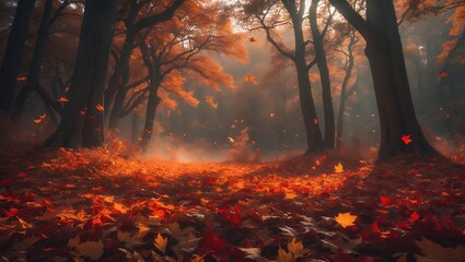 Autumn Forest with Falling Leaves on Ground