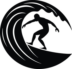 silhouette of a person surfing a big wave on white background