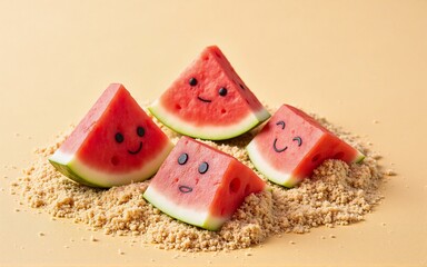 Four watermelon slices with cute faces, nestled in sand, evoke a playful summer scene.  The light pastel background enhances the cheerful mood.