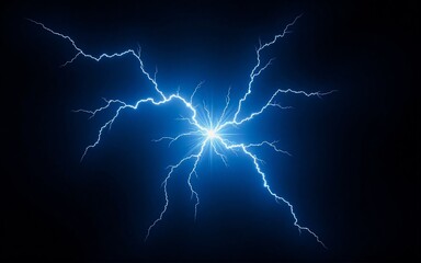 A vibrant blue electrical discharge radiates outwards, creating a striking visual effect against a dark background. The bright light emanates from a central point, branching into intricate, jagged li