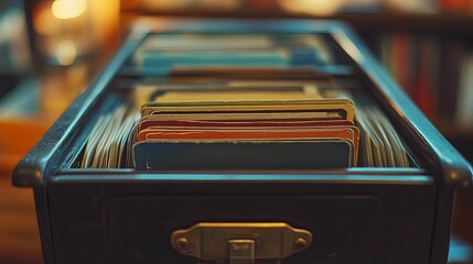 Obraz premium Close-up view of a vintage file drawer filled with documents.