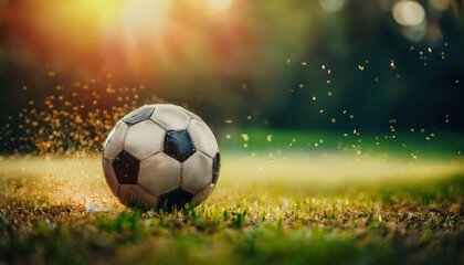 Fototapeta premium close-up of classic black and white soccer ball kicking up grass on sunny field at sunset, perfect for sports branding, web design, or print graphics