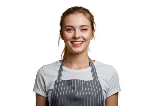 A cheerful woman in a kitchen apron, isolated