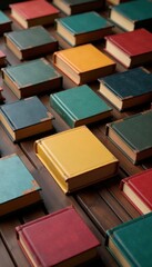 Pattern of layered book covers in different sizes on a wooden table, printing, stationery, publishing