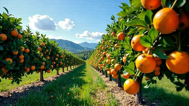 Rows of orange trees filled with ripe fruit in a lush orchard, realistic style, with mountains and blue sky in the background, concept of harvest