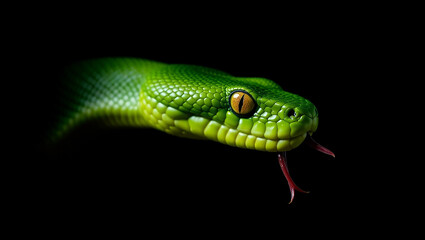 A bright green snake with smooth scales stared intently from the darkness.