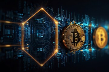 3D Render of Gold Bitcoin Emblem with Digital Network - Crypto Currency Investment and Technology, Abstract Golden Bitcoin Sign with Electronic Circuit Lines - Blockchain, Crypto Mining, and Trading