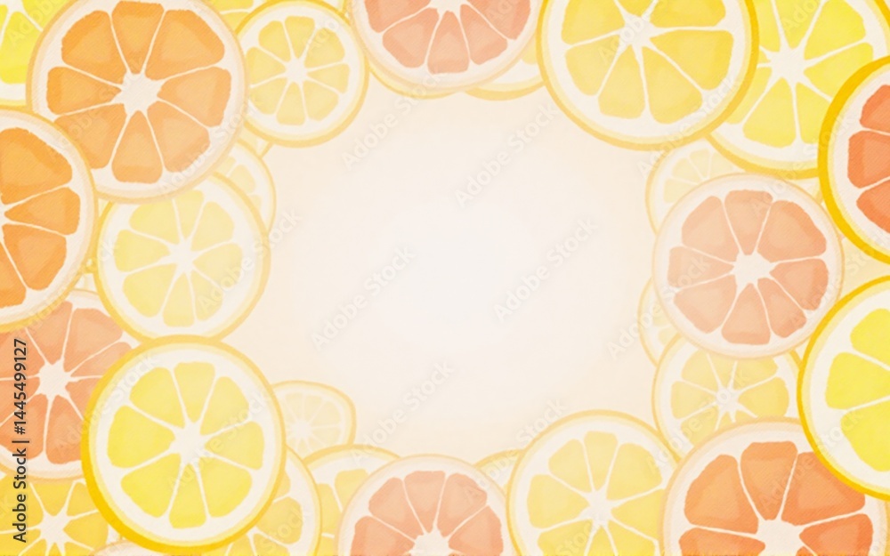 Poster Vibrant citrus slices, lemons and grapefruits, create a sunny, circular frame around a blank space, perfect for text or design.