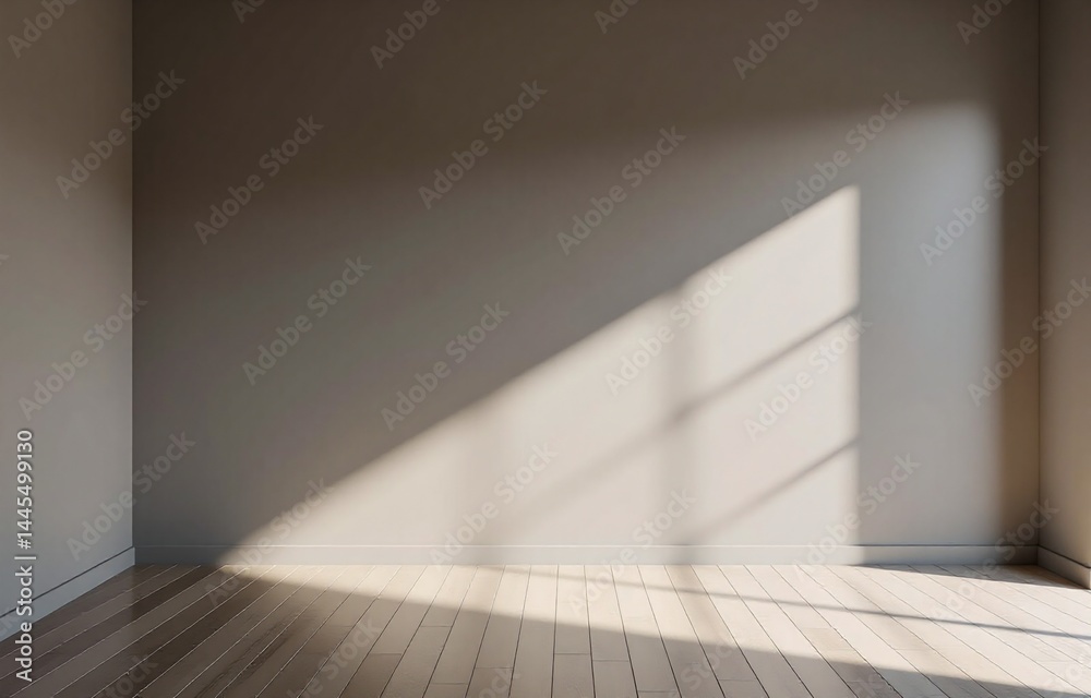 Poster Sunlight streams into an empty room, casting shadows on a light beige wall and wooden floor.  The minimalist space feels serene and spacious.