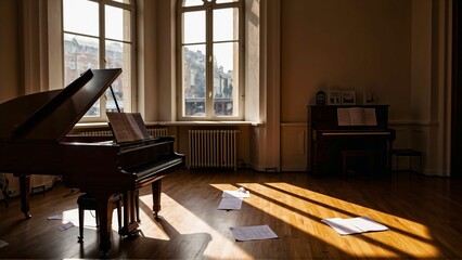 Classical Rehearsal Room with Grand Piano and Soft Light