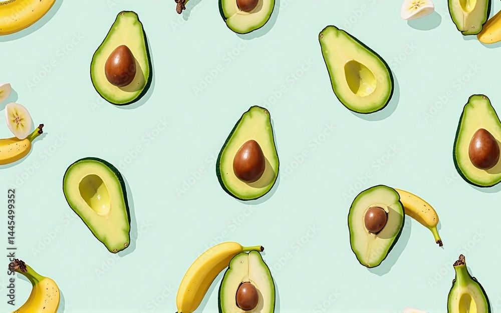 Leinwandbilder a vibrant, pastel blue background features a repeating pattern of halved avocados and halved bananas