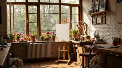 Obraz premium Cozy Artist Studio with Sunlit Canvas and Paints