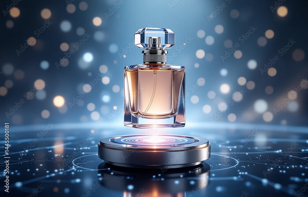 Aufkleber elegant perfume bottle levitates on a futuristic display, surrounded by shimmering lights and abstra