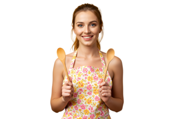 A cheerful woman in a kitchen apron, isolated