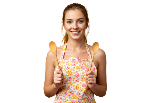 A cheerful woman in a kitchen apron, isolated