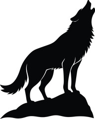 silhouette of a wolf howling on a rock on white background
