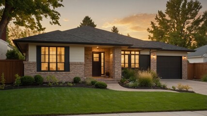 Charming ranch style house exterior in a suburban setting with classic features and a welcoming porch surrounded by lush greenery