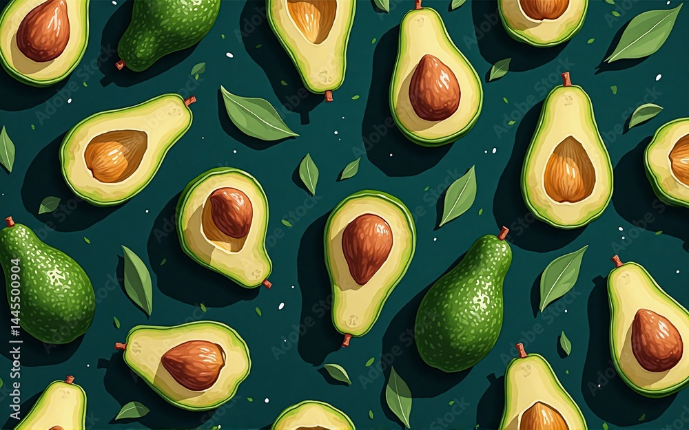 Poster a vibrant flat lay showcasing whole and halved avocados arranged on a dark teal background, interspe