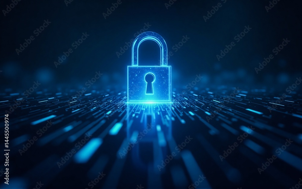 Fototapete A glowing digital padlock hovers above a field of binary code, symbolizing cybersecurity and data protection in the digital realm.