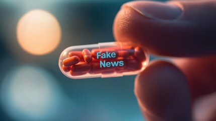 Obraz premium A hand holding a small, translucent red capsule-shaped pill, filled with red-orange granules. The capsule has the words Fake News