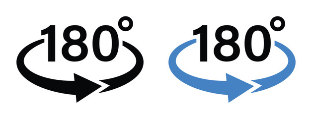 180 degree angle vector icon with blue and black arrow. 180 degree rotating arrow symbol on white background. Vector illustration