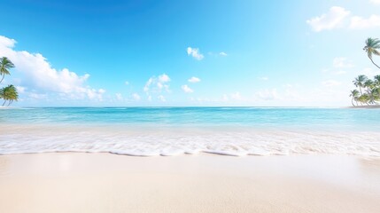 Tropical beach paradise. Soft waves gently lap against a pristine white-sand shore, meeting a turquoise ocean under a vibrant blue sky dotted with fluffy white clouds.