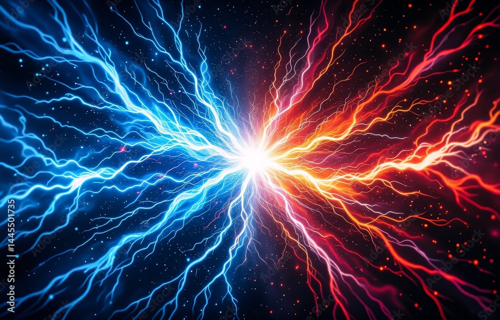 Poster clashing energies: a vibrant abstract image depicting blue and red lightning bolts colliding at the 