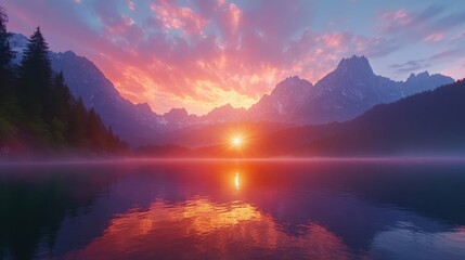 Fototapeta premium Stunning sunset over mountain lake with vibrant clouds and serene reflections