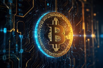 3D Render of Gold Bitcoin Emblem with Digital Network - Crypto Currency Investment and Technology, Abstract Golden Bitcoin Sign with Electronic Circuit Lines - Blockchain, Crypto Mining, and Trading