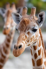 Obraz premium A close up of a giraffe's face with two other giraffes in the background