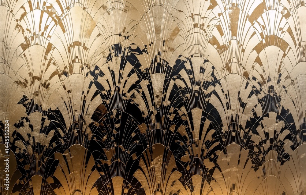Poster intricate art deco design. gold and black geometric pattern resembling stylized fans or flames creat