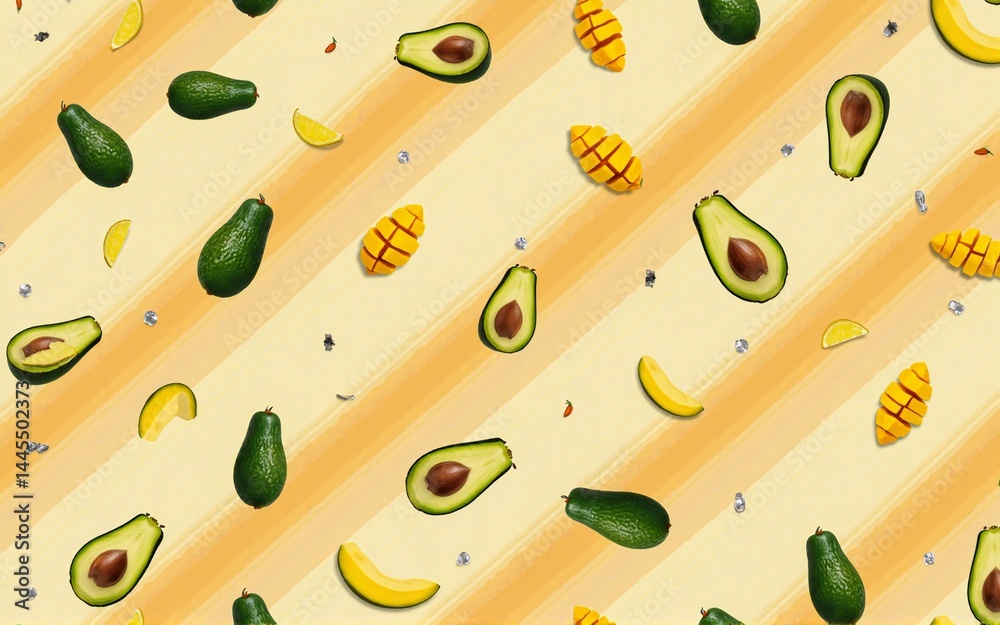 Aufkleber a vibrant pattern of avocados and mangoes scattered on a diagonal striped background. the fruit is a