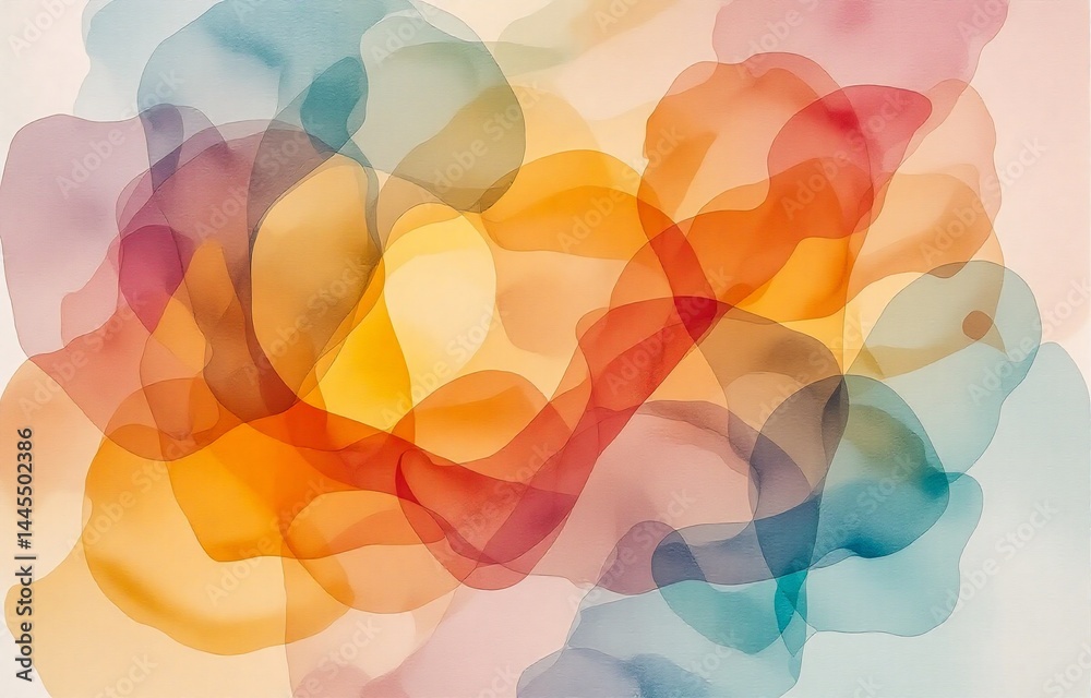 Poster Abstract artwork featuring overlapping, translucent shapes in warm and cool colors.  The fluid forms create a sense of movement and depth.