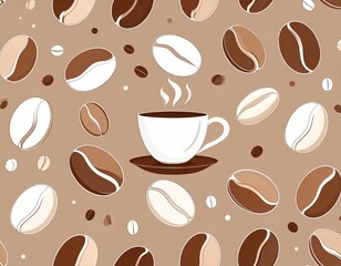 Obraz premium Coffee cup surrounded by coffee beans. Illustration, logo, pattern.