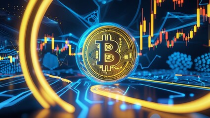 3D Render of Gold Bitcoin Emblem with Digital Network - Crypto Currency Investment and Technology, Abstract Golden Bitcoin Sign with Electronic Circuit Lines - Blockchain, Crypto Mining, and Trading