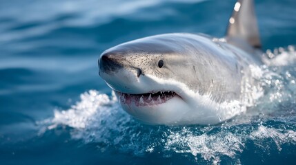 Naklejka premium A great white shark with its mouth open in the water