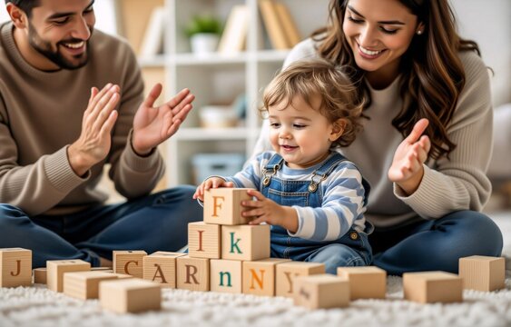 A happy family plays with alphabet blocks on a rug, the parents clapping in encouragement as their toddler builds a tower.  Joyful moments of family bonding and early childhood development are capture