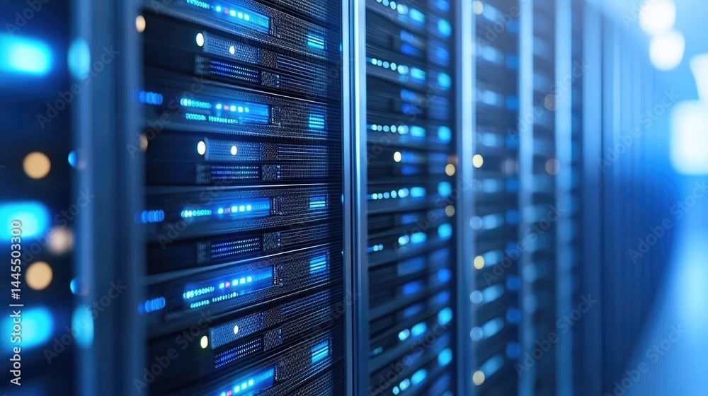 Poster digital data servers with glowing indicators in a modern server room, suitable for illustrating clou