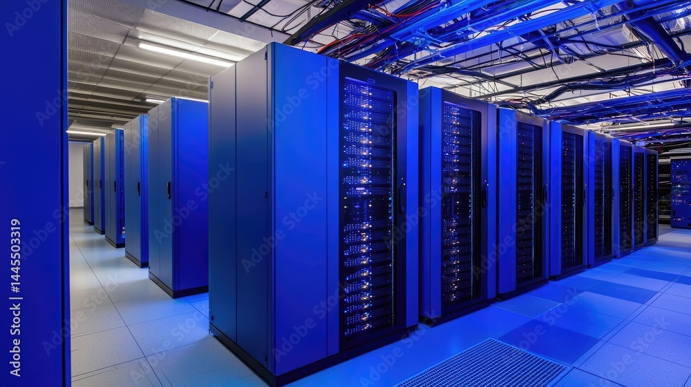 Poster modern server racks with intense blue illumination in a secure facility, great for use in cloud serv