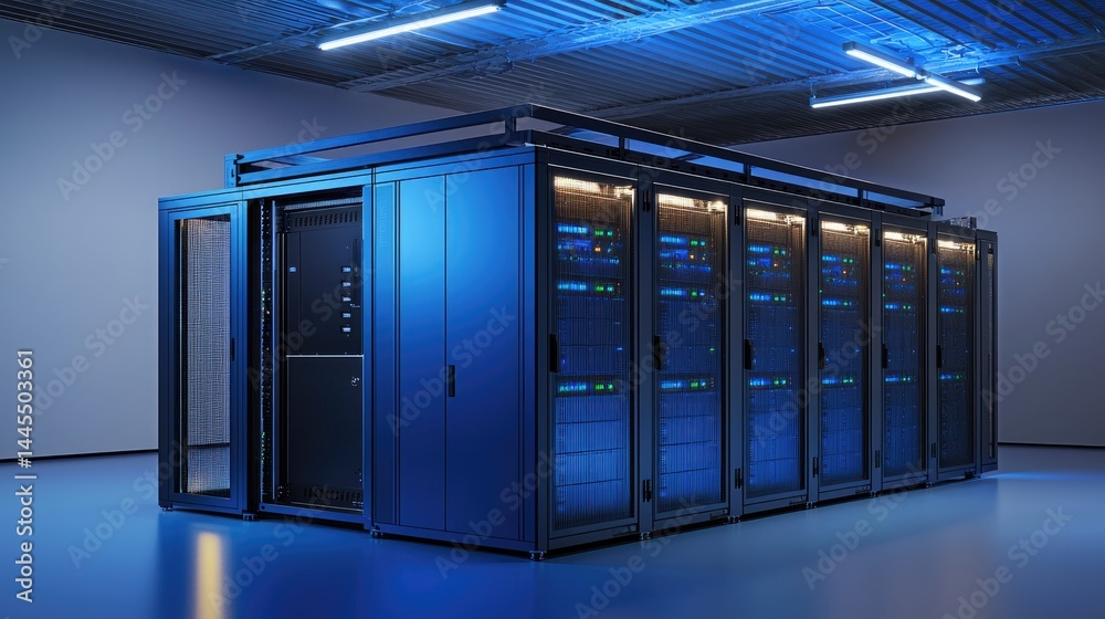Poster high-tech standalone server pod with blue glow in a clean room, perfect for cybersecurity, hosting s